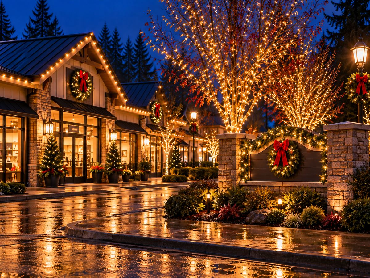 Storefronts and a community entrance sign decorated with lights and wreaths
