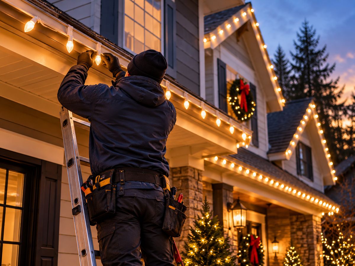 Installer on a ladder clipping warm white lights to a gutter