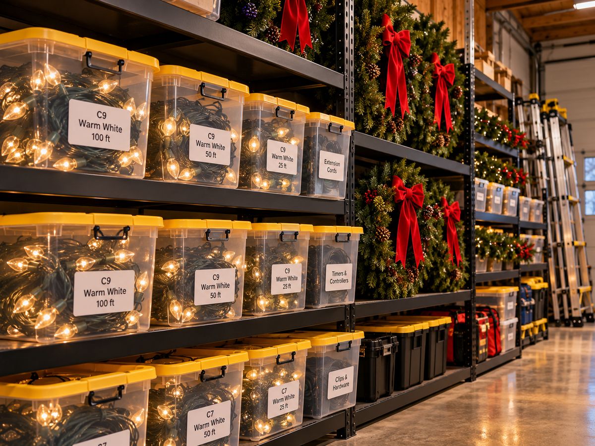 Labeled bins of light strands and wreaths stored on shelves