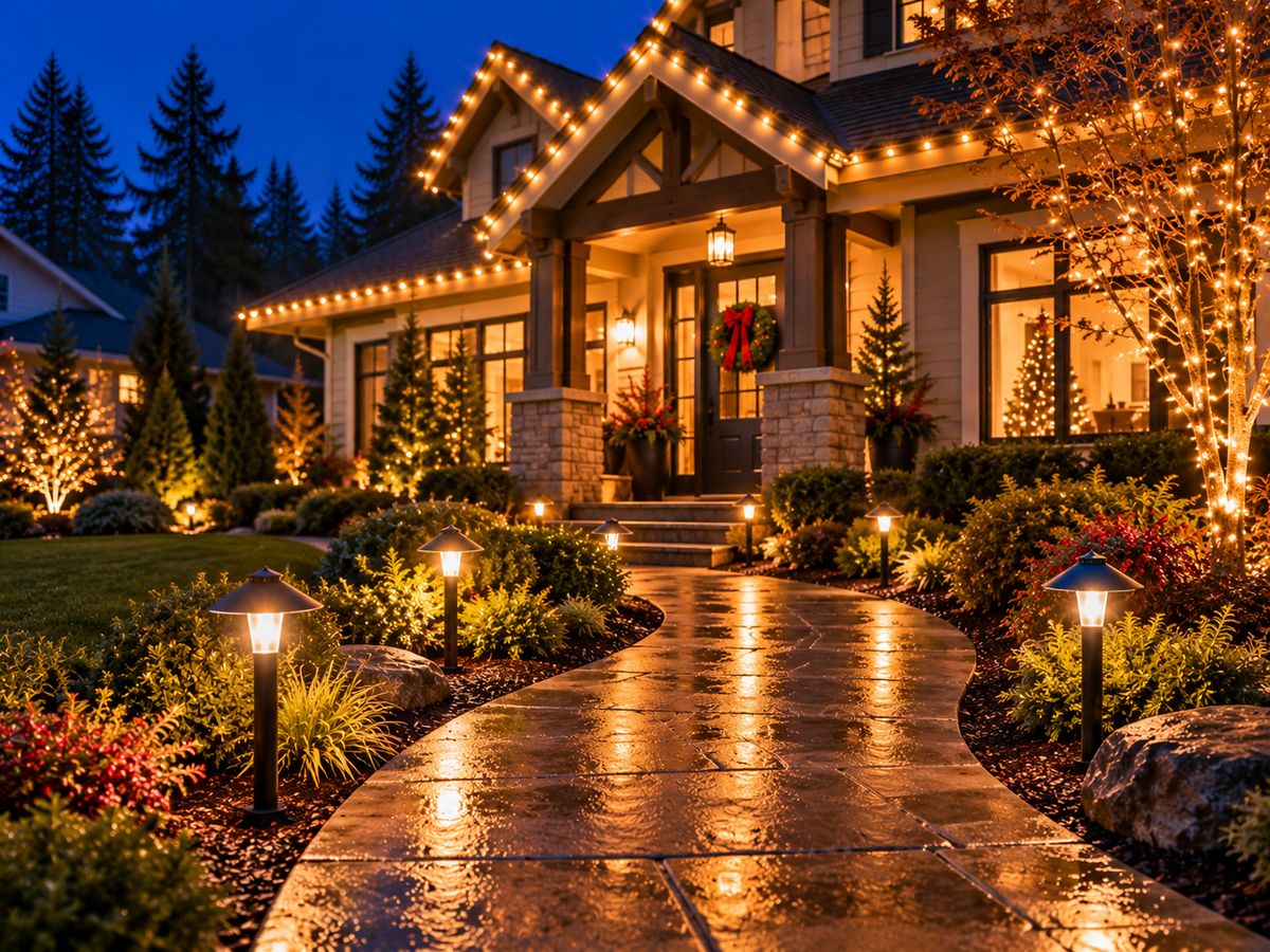 Curved walkway lined with path lights leading to a lit porch